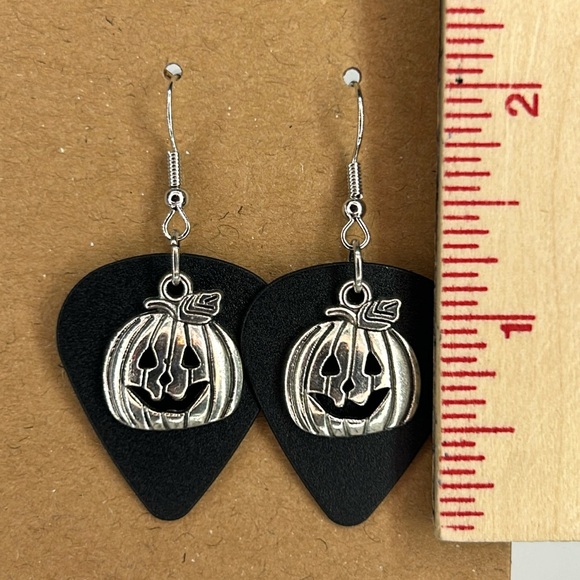 Guitar Pick Custom Earrings With Pumpkin Charm - Picture 2 of 3